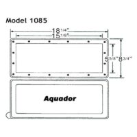 Black and white technical drawing of AQUADOR FACEPLATE/LID-1085 rectangular access hatch, displaying front and top views with outside dimensions 18 1/4 x 8 3/4 and inside dimensions 15 1/8 x 5 5/8.