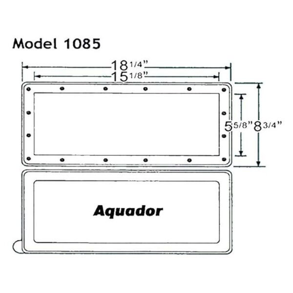 Black and white technical drawing of AQUADOR FACEPLATE/LID-1085 rectangular access hatch, displaying front and top views with outside dimensions 18 1/4 x 8 3/4 and inside dimensions 15 1/8 x 5 5/8.