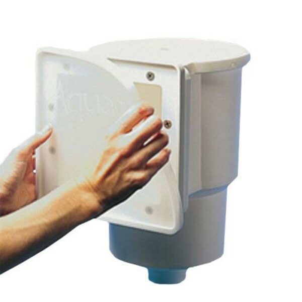 A person opens the AQUADOR FACEPLATE/LID-1085, a white wall-mounted water filter lid, against a white background.