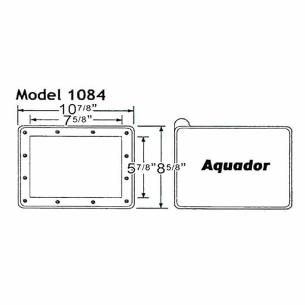 Black and white diagram showing dimensions of the Aquador 1084 Faceplate and Lid: outer size 10 7/8 x 8 5/8, inner size 7 5/8 x 5 7/8, with Aquador written on the right.