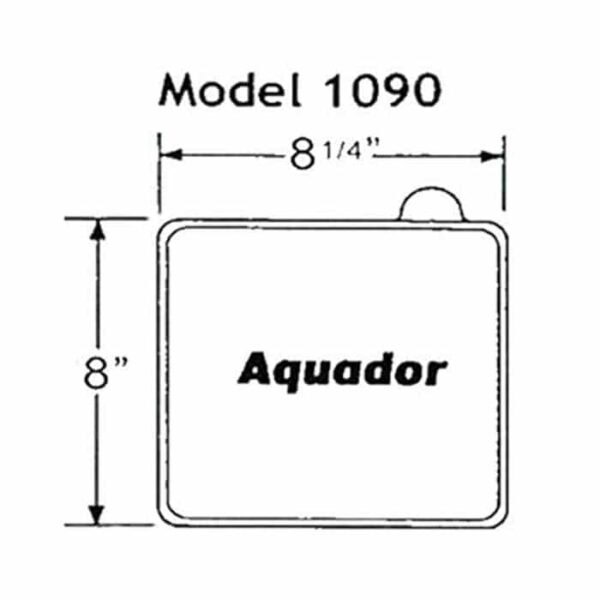 Black and white diagram of the Aquador 1090 Replacement Lid, a square object labeled Aquador in the center, measuring 8 x 8.25 with a small protrusion on its top edge.