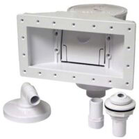 The Widemouth Skimmer - Complete (SP1091WM) features a rectangular faceplate, circular lid, and assorted threaded pipe fittings and connectors, all shown against a plain background.
