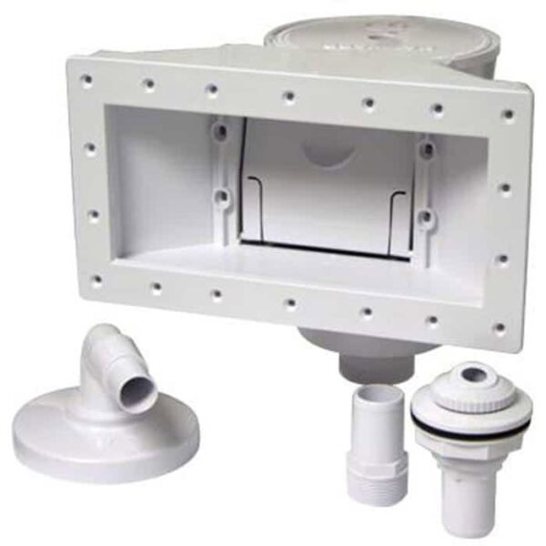 The Widemouth Skimmer - Complete (SP1091WM) features a rectangular faceplate, circular lid, and assorted threaded pipe fittings and connectors, all shown against a plain background.