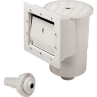 The SKIMMER STD - AG is a white plastic pool skimmer with a square front opening, screw holes, and a circular vented lid on top, shown with a separate round nozzle attachment.