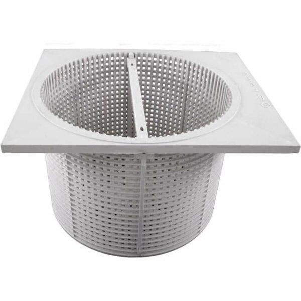 The Hayward Skimmer Basket (SPX1088GA) is a white, round plastic basket with a flat square rim, perforated design, and central vertical divider, designed for use in pool or spa skimmers.