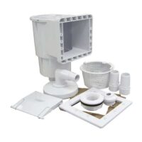 The Standard Skimmer - Complete (SP1091LX) includes a rectangular main body, basket, frame, lid, fittings, and gaskets—all white plastic parts—arranged on a white background.