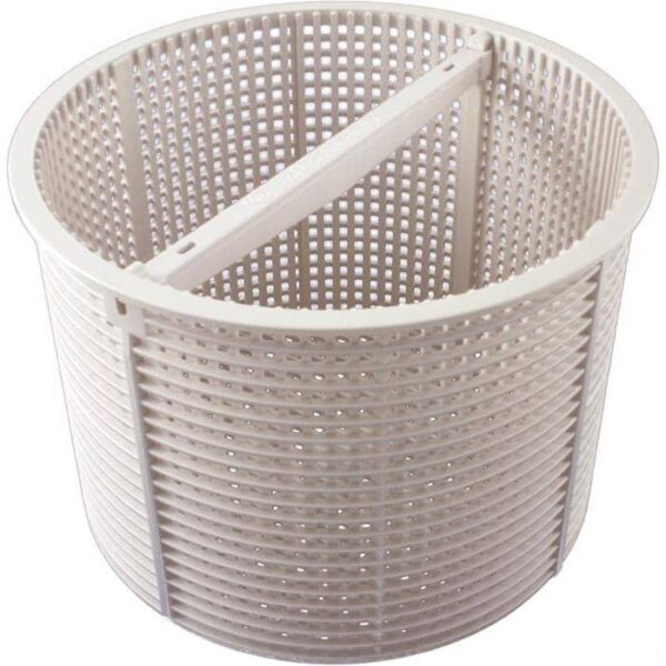 The Skimmer Basket - SPX1082CA is a round, white plastic basket with perforated sides and a horizontal central handle, ideal for filtering or holding items.
