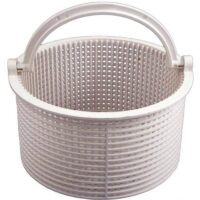 The Skimmer Basket - SPX1096CA is a round, white plastic basket with a perforated design and a hinged handle, shown empty against a plain background.