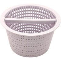 The Skimmer Basket - SPX1094FA is a white plastic basket with a grid pattern and solid handle, designed for swimming pool filtration systems.