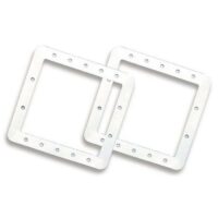 The GASKET 2PC STD SKIMMER SET features two white, square-shaped frames with rounded corners and evenly spaced edge holes, shown overlapping on a plain background.