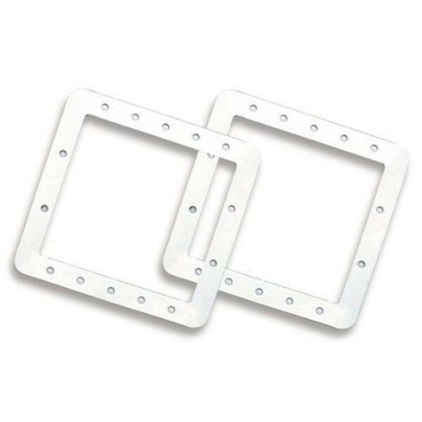 The GASKET 2PC STD SKIMMER SET features two white, square-shaped frames with rounded corners and evenly spaced edge holes, shown overlapping on a plain background.