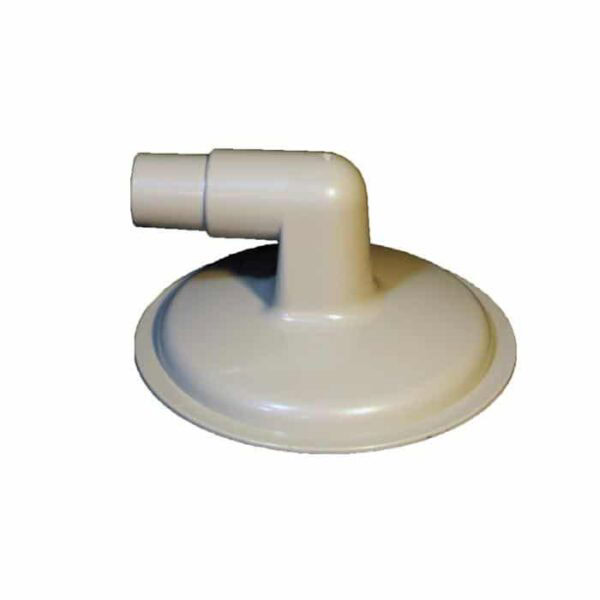 The Rapid Flow Skimmer Vac Plate is a beige plastic fitting with a round base and right-angle bend, designed for connecting pipes or hoses.