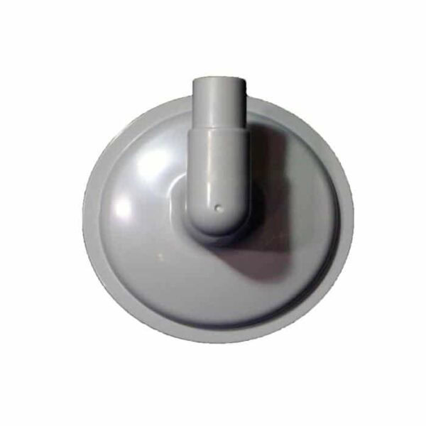 The Rapid Flow Skimmer Vac Plate is a round, gray plastic object with a cylindrical vertical extension and a curved protrusion, seen from above.