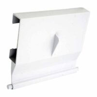 The Weir Door, SPX1096K is a white, rectangular metal or plastic vent cover with a slanted triangular center and cylindrical roll at the bottom, designed for HVAC systems.