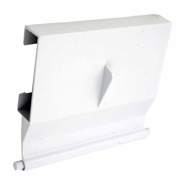 The Weir Door, SPX1096K is a white, rectangular metal or plastic vent cover with a slanted triangular center and cylindrical roll at the bottom, designed for HVAC systems.