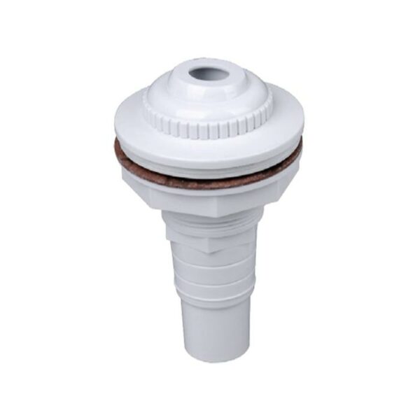 The RETURN-STANDARD COMPLETE is a white plastic bath drain fitting with a threaded body, round top cap, and brown rubber gasket, designed for plumbing use in connecting bath or sink drains.