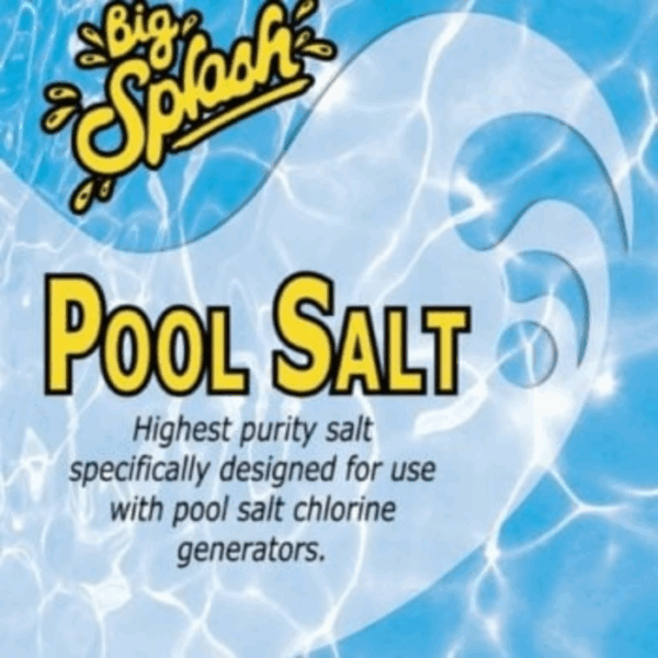 A product label for Pool Salt 40 Lbs. Bag against a blue water background, stating it is high-purity salt designed for use with pool salt chlorine generators.