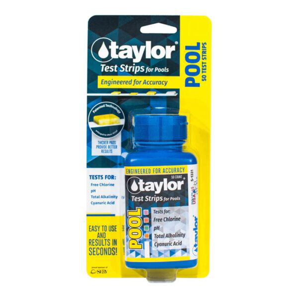 A blue bottle of TEST STRIPS TAYLOR 4 WAY CHLORINE includes 50 strips for testing free chlorine, pH, total alkalinity, and cyanuric acid. Features yellow, blue, and white labeling.