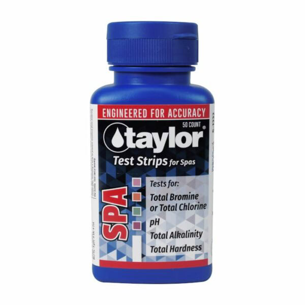 A blue bottle of TEST STRIPS TAYLOR 4 WAY BROMINE for spas, labeled to test total bromine or chlorine, pH, total alkalinity, and hardness. The label highlights Engineered for Accuracy and SPA in red letters.