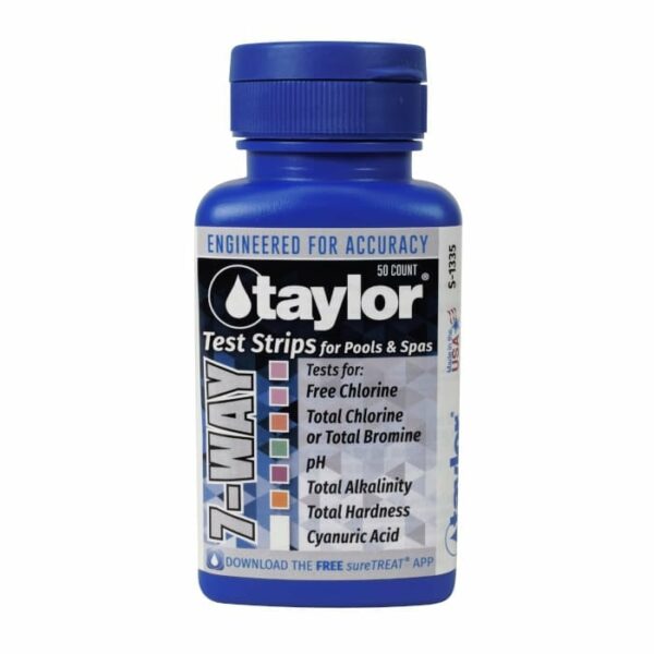 A blue bottle of TEST STRIPS 7 WAY TAYLOR for pools and spas, designed to test free chlorine, total chlorine or bromine, pH, total alkalinity, total hardness, and cyanuric acid.