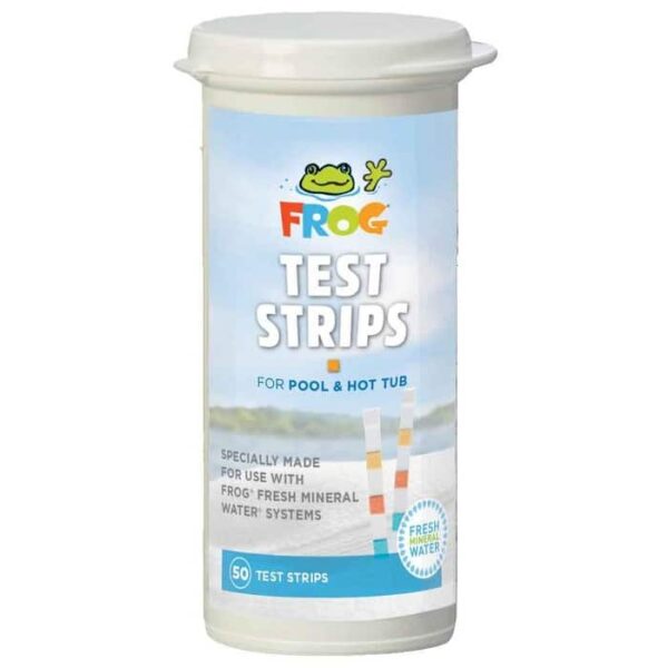 A white container labeled FROG Test Strips for Pool & Hot Tub, featuring a smiling frog logo and test strip image. The container includes 50 test strips for easy water testing.