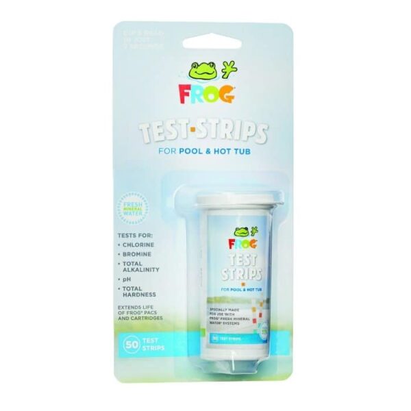 FROG Test Strips come in a white container with 50 strips per package. They test for chlorine, bromine, total alkalinity, pH, and total hardness in pool and hot tub water.