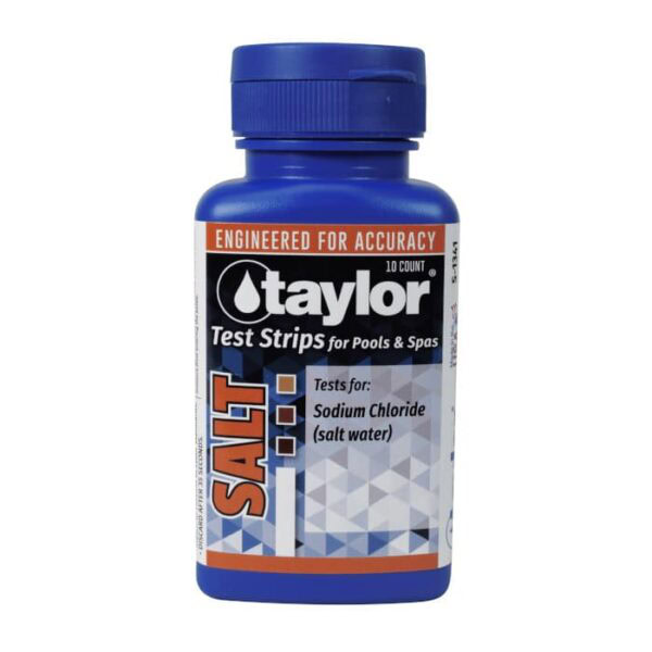 A blue bottle labeled TEST STRIPS SALT (10) TAYLOR with orange accents tests sodium chloride in pools & spas; “SALT” appears vertically on the left side of the label.