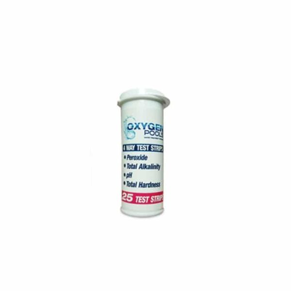 The white cylindrical Test Strips Oxygen container holds 25 test strips for measuring peroxide, total alkalinity, pH, and total hardness in pool water. The label has blue and red text on a white background.