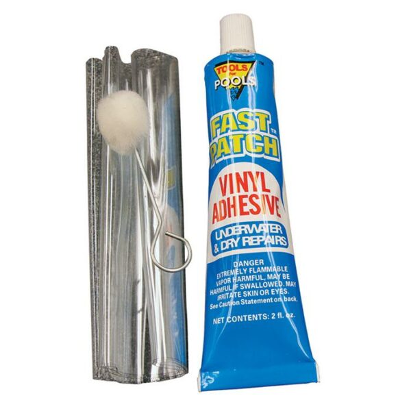 The Vinyl Repair Kit, Medium is shown with a clear patch and a small metal-handled applicator brush for underwater and dry repairs.
