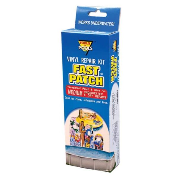 Blue rectangular box labeled Vinyl Repair Kit, Medium for pools, with product images and text stating it works underwater; includes a transparent patch and glue for underwater and dry vinyl repairs.