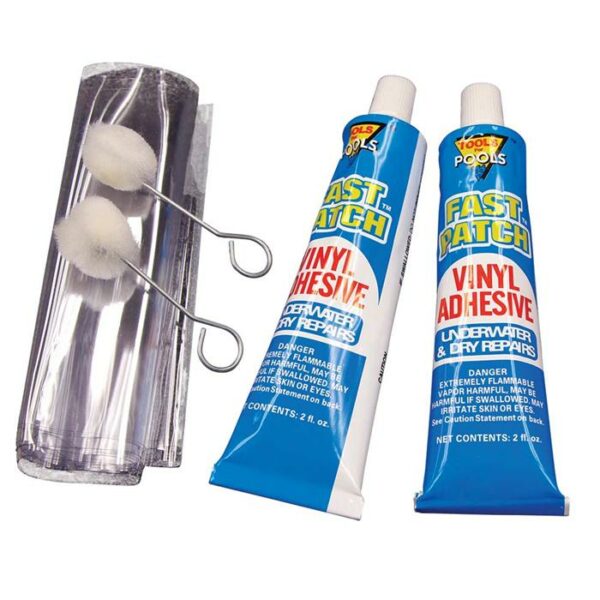 The Vinyl Repair Kit, Large includes two blue tubes of adhesive, a clear rolled-up patch, and two metal applicators with white felt tips for underwater or dry vinyl repairs.