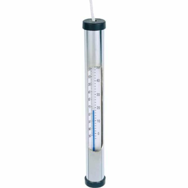 A 6 chrome thermometer with a transparent body, black caps on both ends, and measurement markings in millimeters for temperature readings.