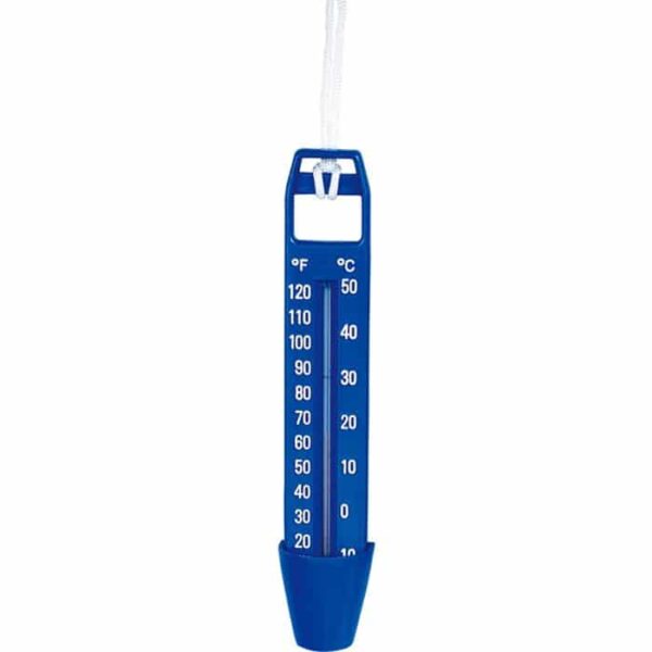 The Thermometer, Blue 10 is a plastic floating pool thermometer with a white string, displaying temperatures in both Fahrenheit and Celsius.