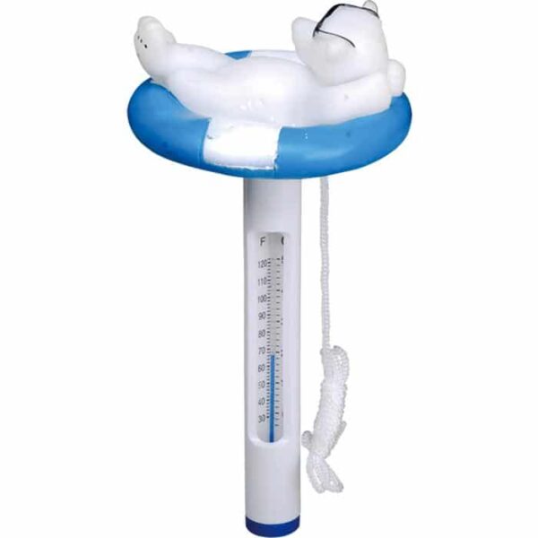 The Thermometer, Lazy Bear with Glasses features a white bear in sunglasses lounging on a blue and white float, has a Fahrenheit temperature scale, and includes a white string for easy attachment.