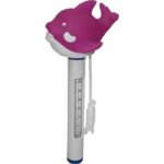 A floating pool thermometer called Thermometer, Small Whale features a purple whale shape with a white underbelly, a white and blue cylindrical base displaying the temperature scale, and includes a white string for hanging.