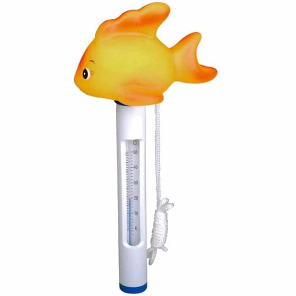 The Ther-Animals thermometer features a yellow-orange fish-shaped top, a white body with temperature markings, and an attached white string for easy securing.