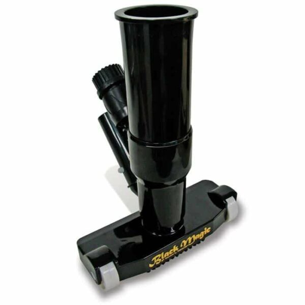 Black Jet Vac, Black Magic floor attachment with Black Magic in yellow on front, featuring two small wheels and a cylindrical connector for vacuum hose attachment.
