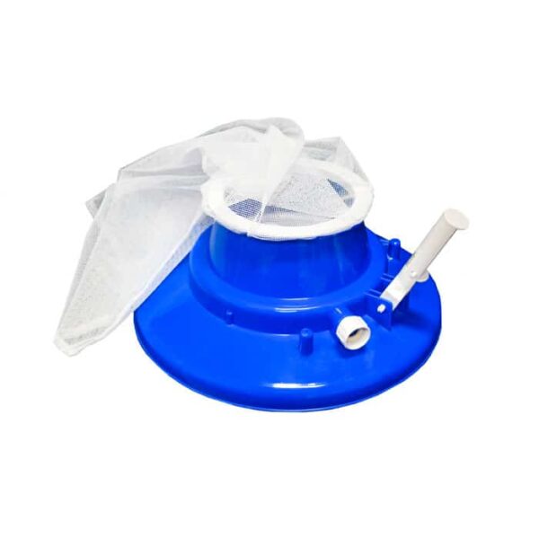 The Leaf Vac with Wheels is a blue plastic pool vacuum head featuring a white mesh bag and a white handle for connecting to a hose or pole.