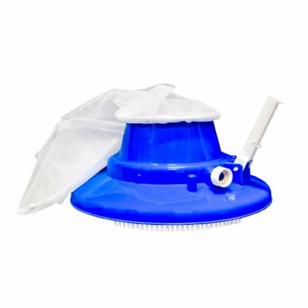 The Leaf Vac with Wheels features a blue vacuum head, a white brush on the bottom, a white mesh filter bag on top, and a white connector for attaching a hose or pole.