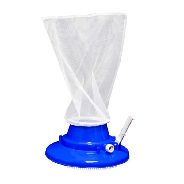 The Leaf Vac with Wheels is a blue pool vacuum featuring a white mesh bag, designed for collecting debris from the bottom of swimming pools.