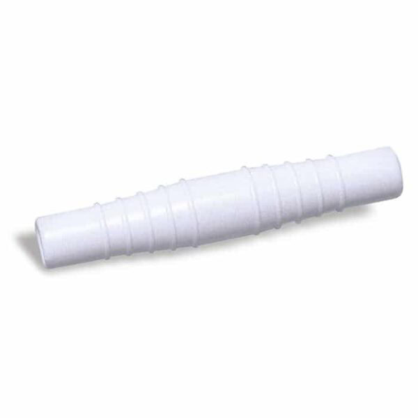 The Hose Coupling 1-1/4 to 1-1/12 is a white plastic connector with ribbed ends and a tapered middle, designed to join two flexible hoses or tubes.