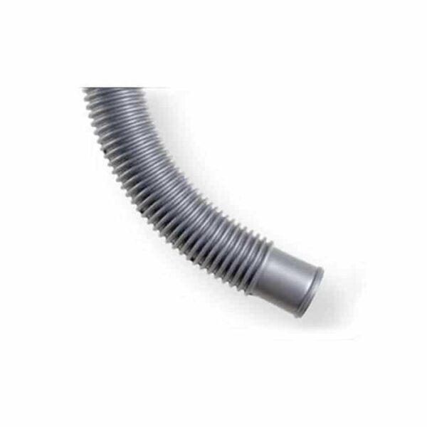 A close-up of the Filter Hose 1-1/4 x 6 in silver, featuring a flexible, ribbed design and slight curve, set against a plain white background.