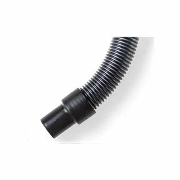 A close-up of the Filter Hose 1-1/2 x 3 - Premium, featuring a black, flexible, corrugated design with a smooth nozzle attachment at one end, displayed against a plain white background.