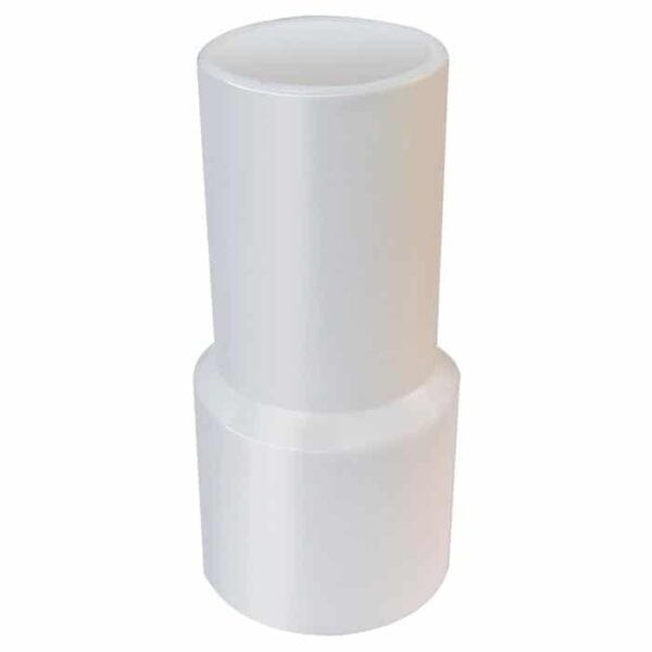 Hose Cuff 1-1/2 white plastic adapter with smooth finish, featuring a narrower upper section and wider lower section, shown upright against a plain white background.