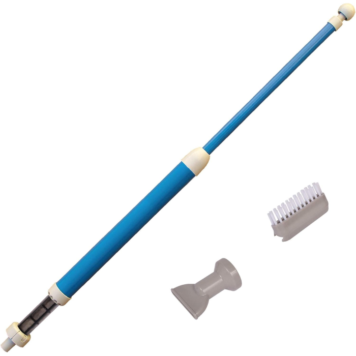 The AQUA QUIK SPA/POOL VAC is a blue and white telescopic pool cleaning pole that includes two detachable cleaning attachments: a small scrub brush and a flat nozzle.