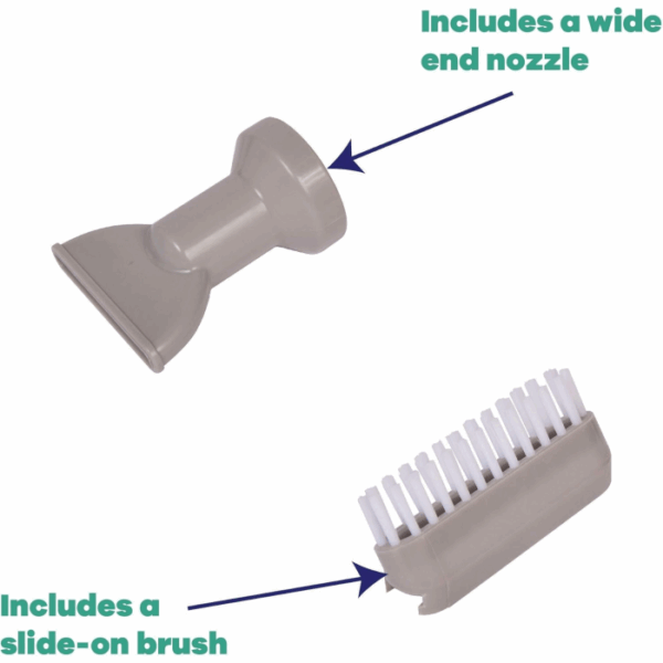 The AQUA QUIK SPA/POOL VAC is shown with two gray attachments: a wide end nozzle on top and a slide-on brush with white bristles below, each labeled with text and arrows.
