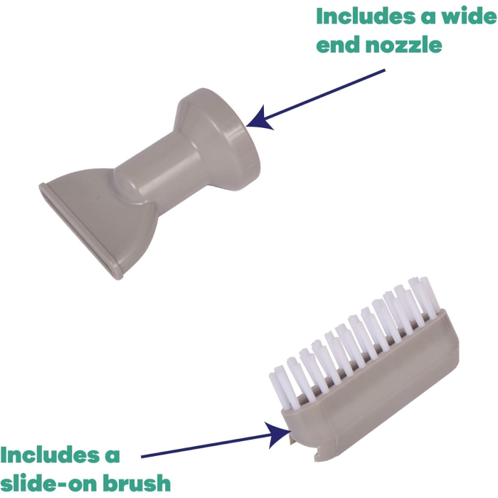 The AQUA QUIK SPA/POOL VAC is shown with two gray attachments: a wide end nozzle on top and a slide-on brush with white bristles below, each labeled with text and arrows.