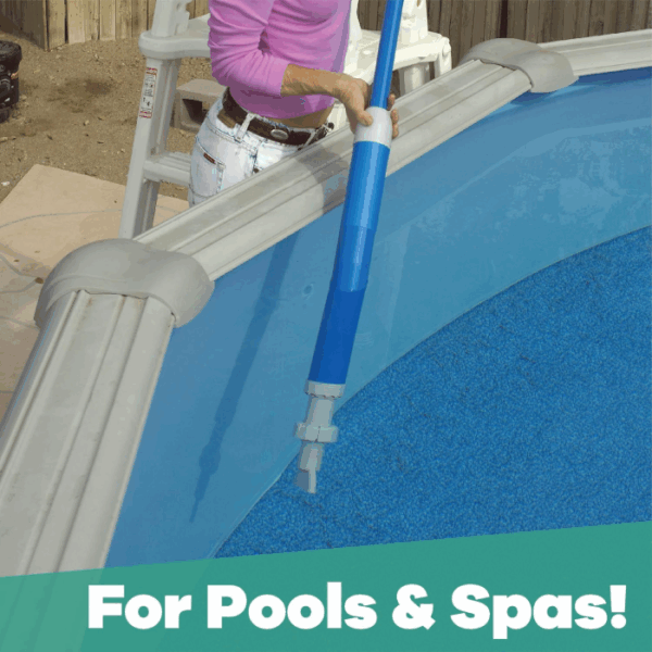 Wearing a pink long-sleeve shirt, a person uses the AQUA QUIK SPA/POOL VAC, a blue cleaning tool, to clean an above-ground pool. The text “For Pools & Spas!” is displayed at the bottom.