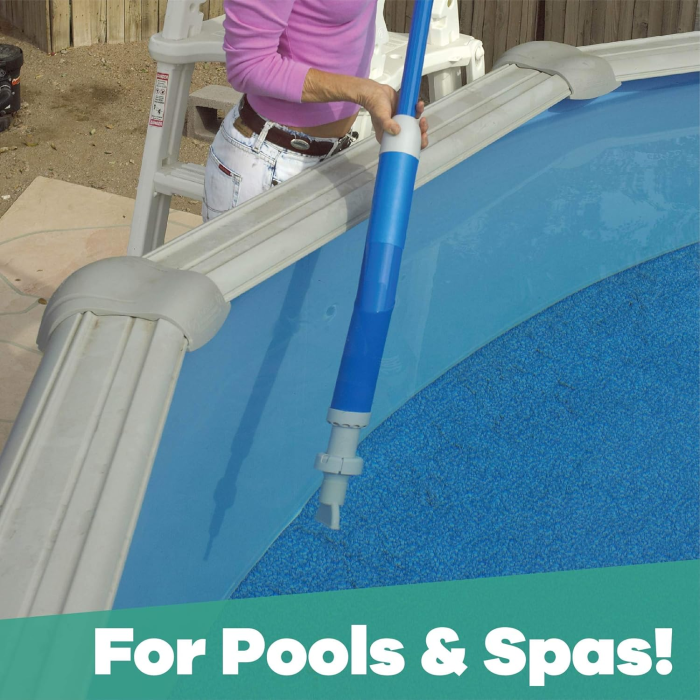 Wearing a pink long-sleeve shirt, a person uses the AQUA QUIK SPA/POOL VAC, a blue cleaning tool, to clean an above-ground pool. The text “For Pools & Spas!” is displayed at the bottom.