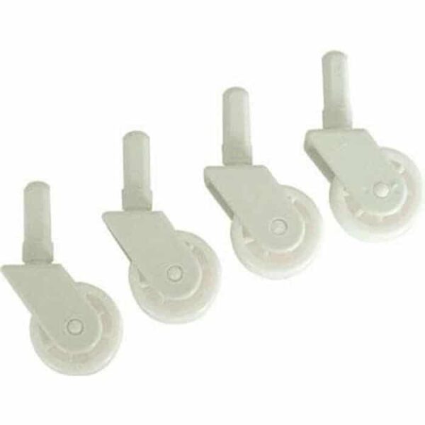 Four Leaf Eater Replacement Wheels, white plastic swivel casters with vertical stem mounts, arranged in a row on a plain background.